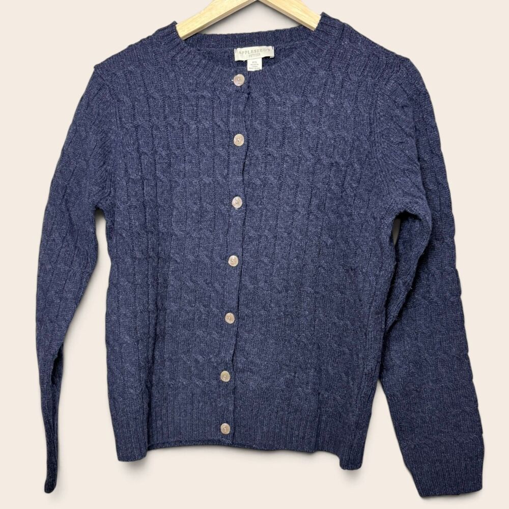 Appleseed’s Petites PS 100% Wool Cable Knit Cardigan Navy Preppy Academia Cozy